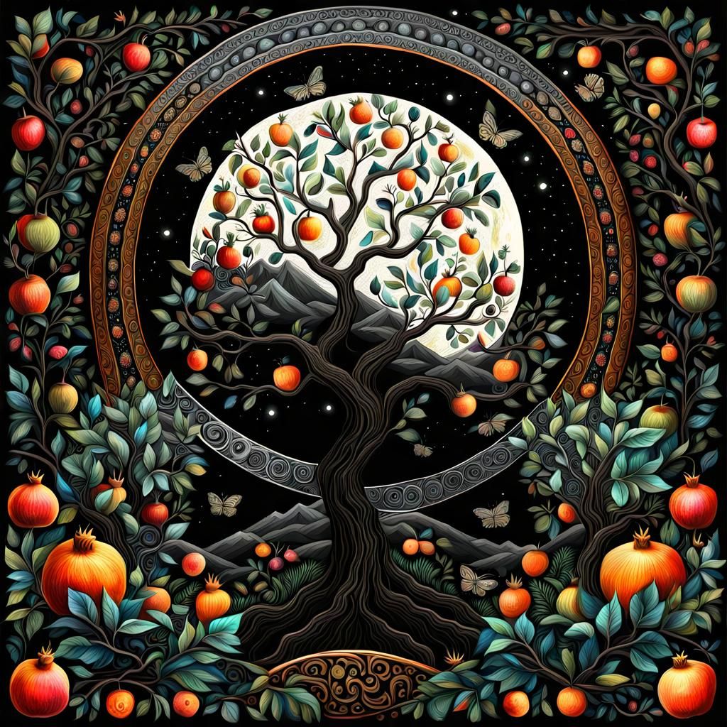 Fantastic Summer Landscape with Pomegranates in Folk Art