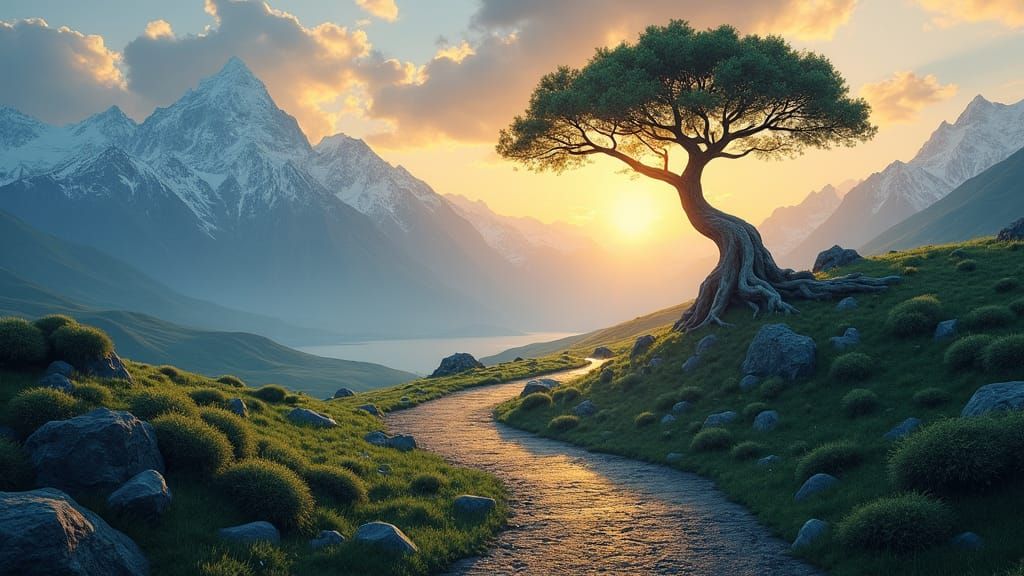 Inspiring Landscape with Sunrise and Winding Path