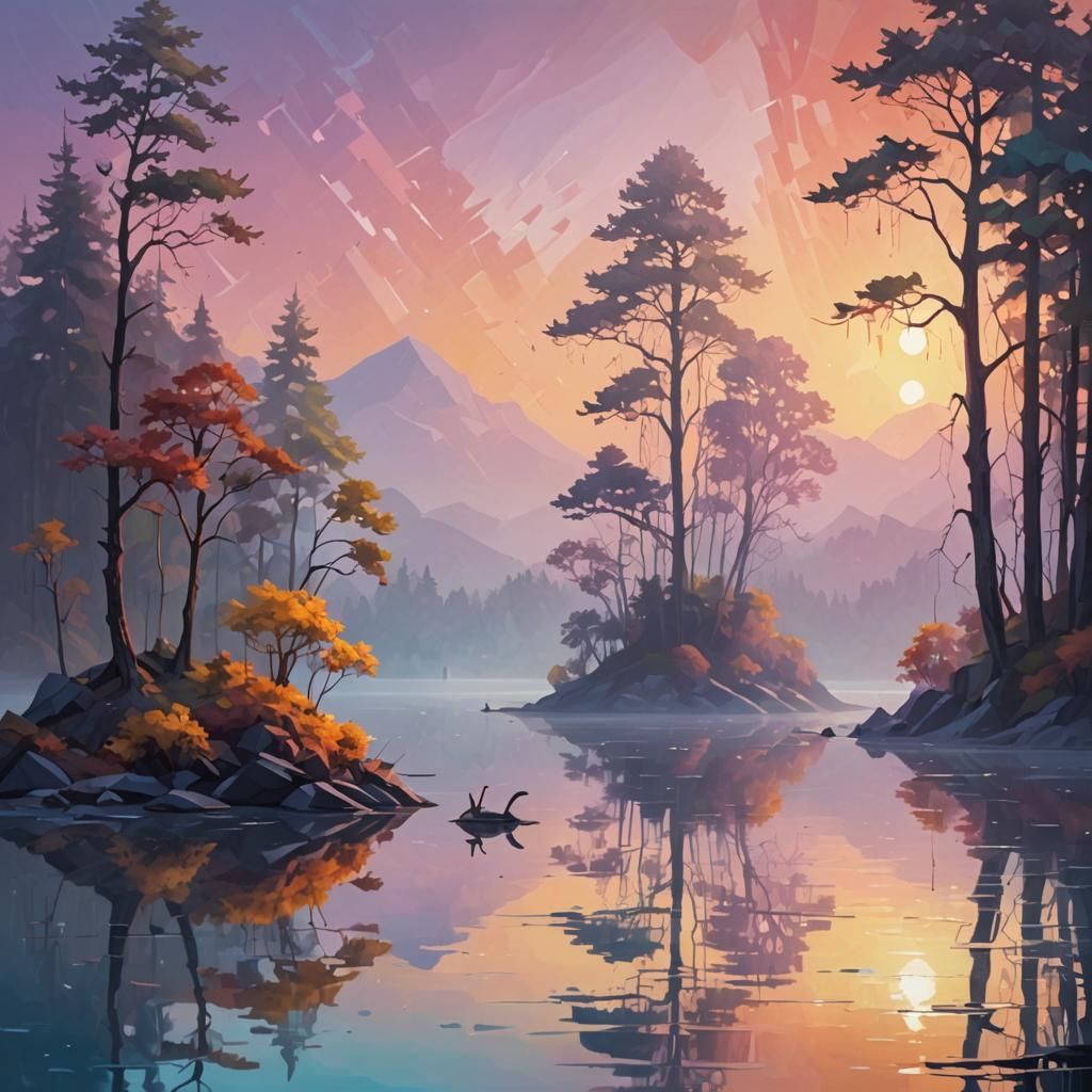 Alien World Lake at Dawn in Low-Poly Art
