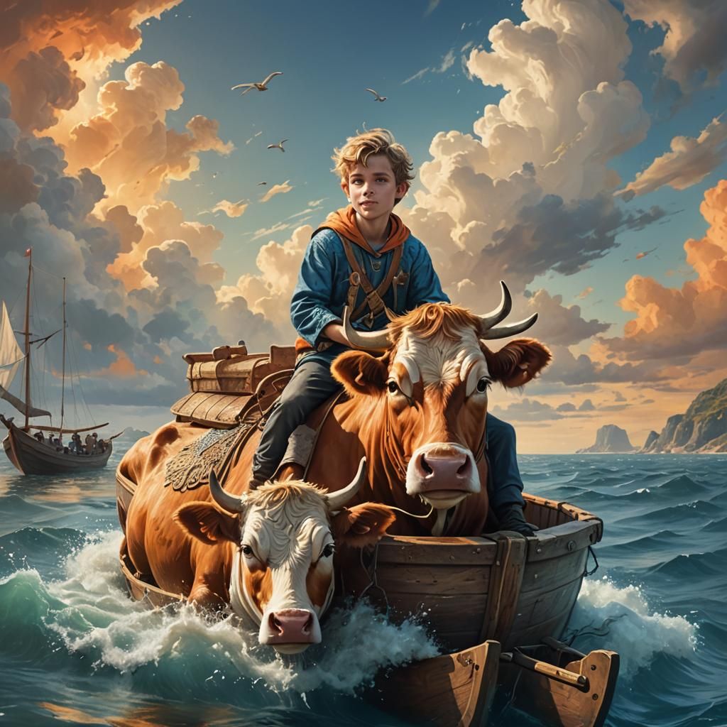 Boy and Cow on Boat Fantasy Concept Art