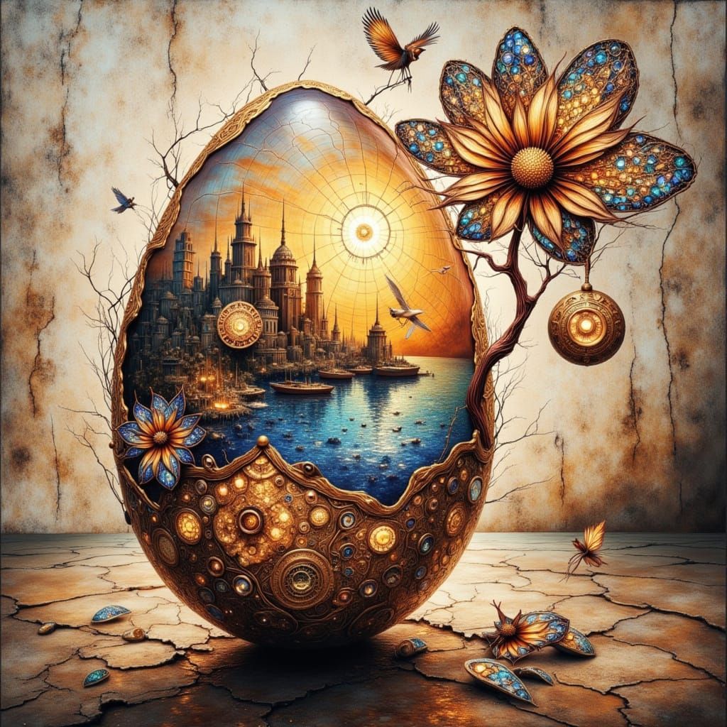 Surreal Cityscape Emerging from a Vibrant Mosaic Egg