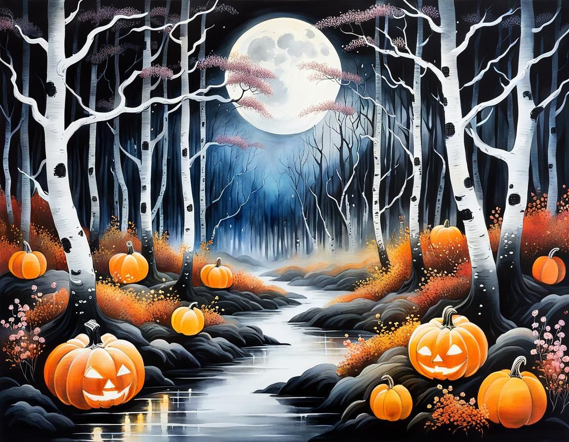 Ethereal Birch Forest: Chinese Ink Painting