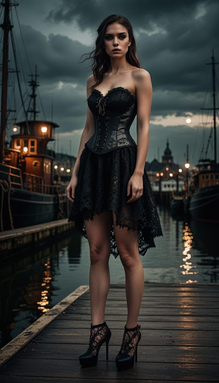Woman in Lace Corset at Docks, Gothic Architecture