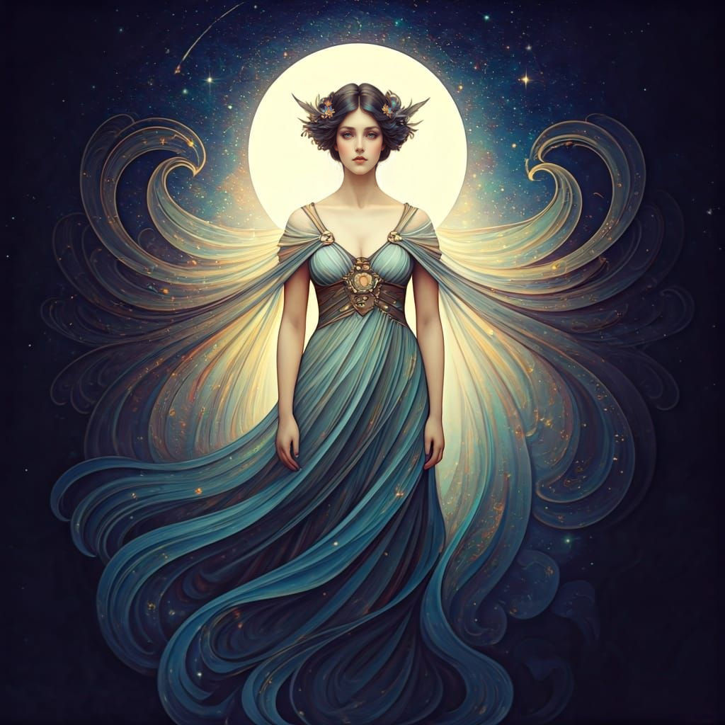 Celestial Goddess in Flowing Robes, Art Nouveau Style