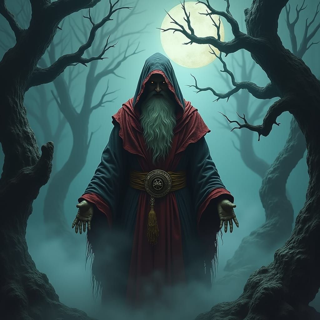 Eerie Tantrik Baba in Swirling Mist: Fantasy Art