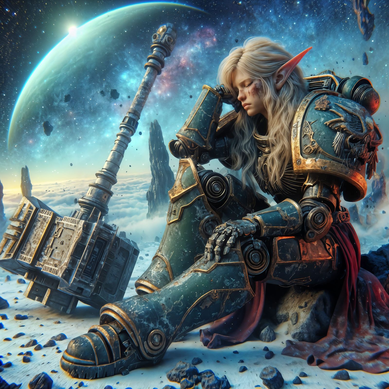 Weary Space Marine Resting in Asteroid Field