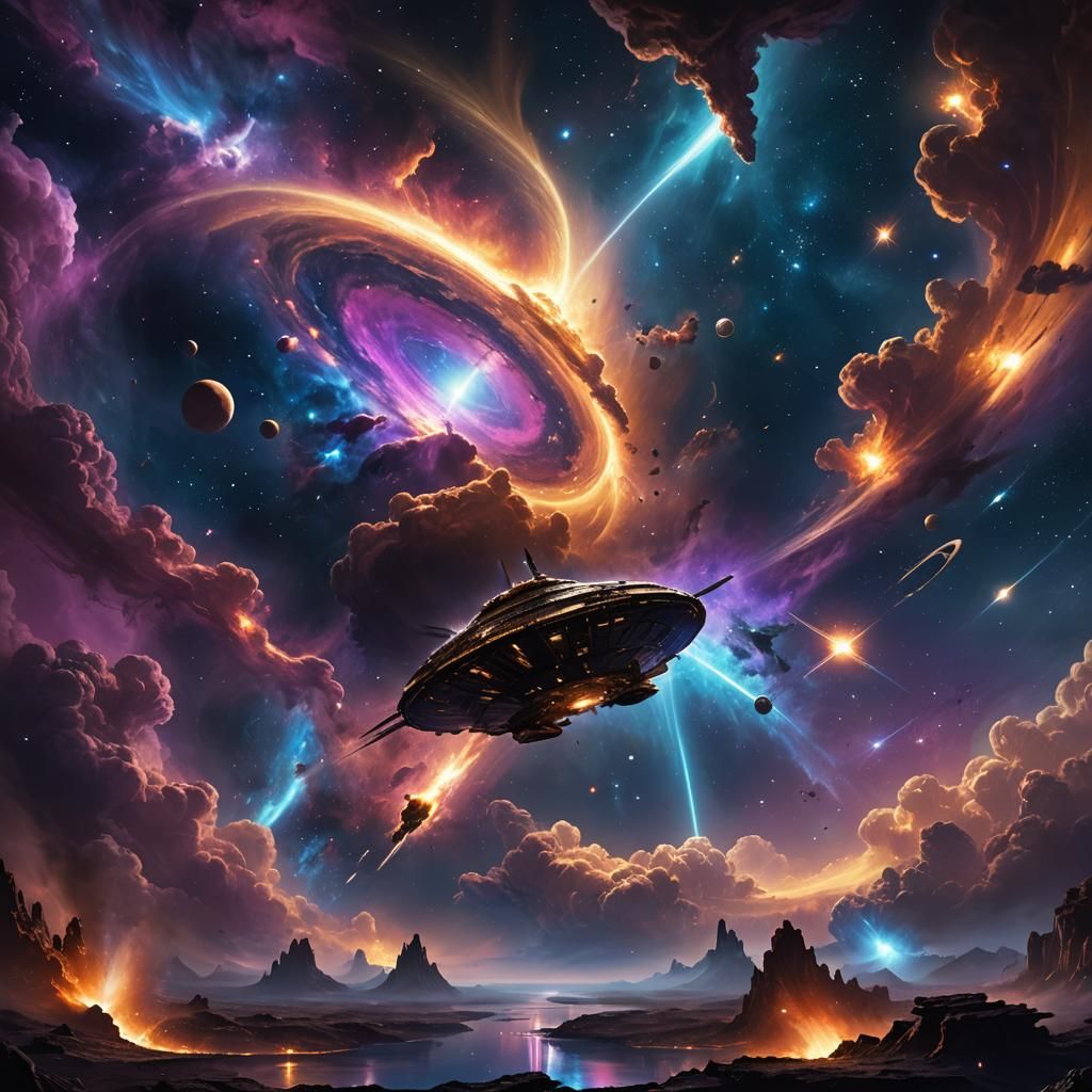 Nebula Consumes Spaceship in Dark Fantasy Landscape