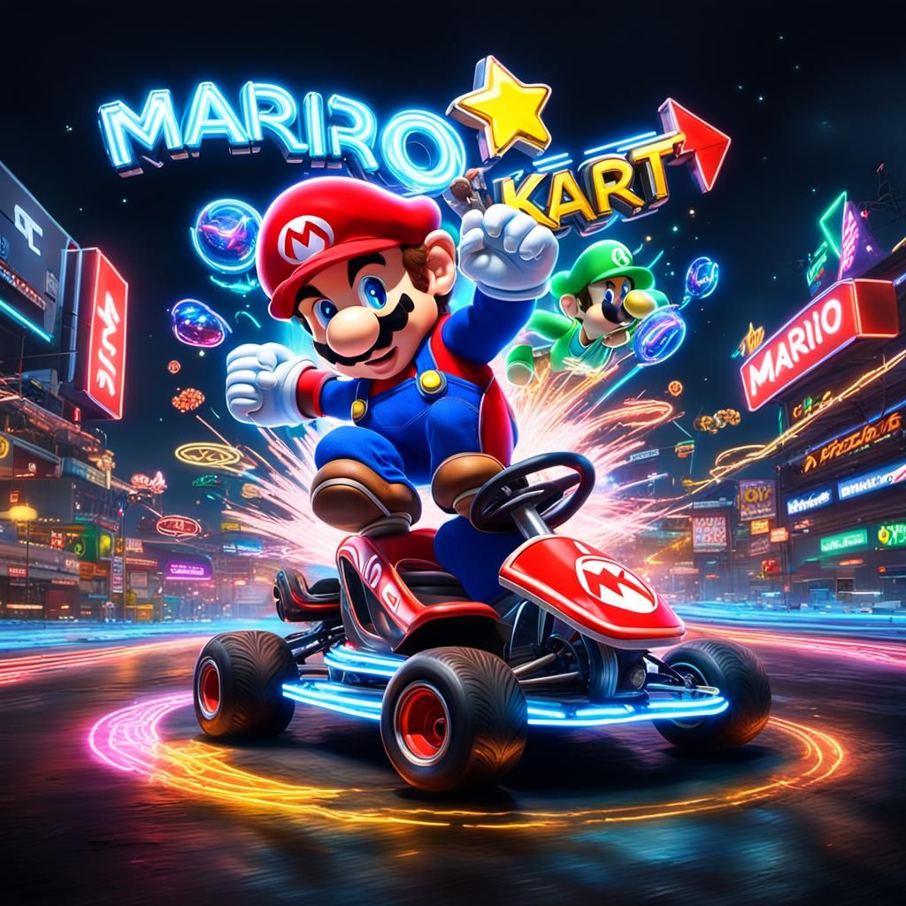 Neon Mario Kart Sign with Hyperrealistic Details