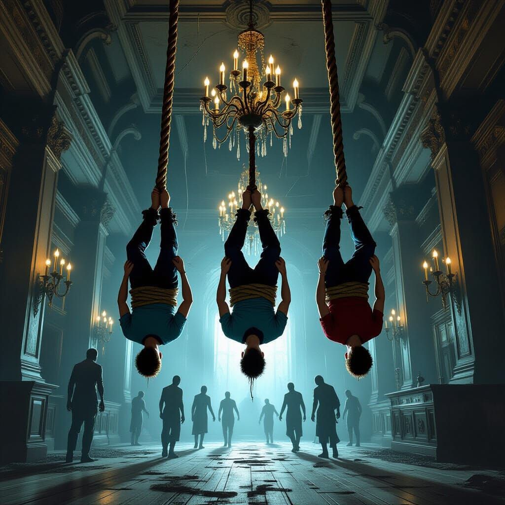 Boys Bound and Hanging in Haunted Mansion with Zombies