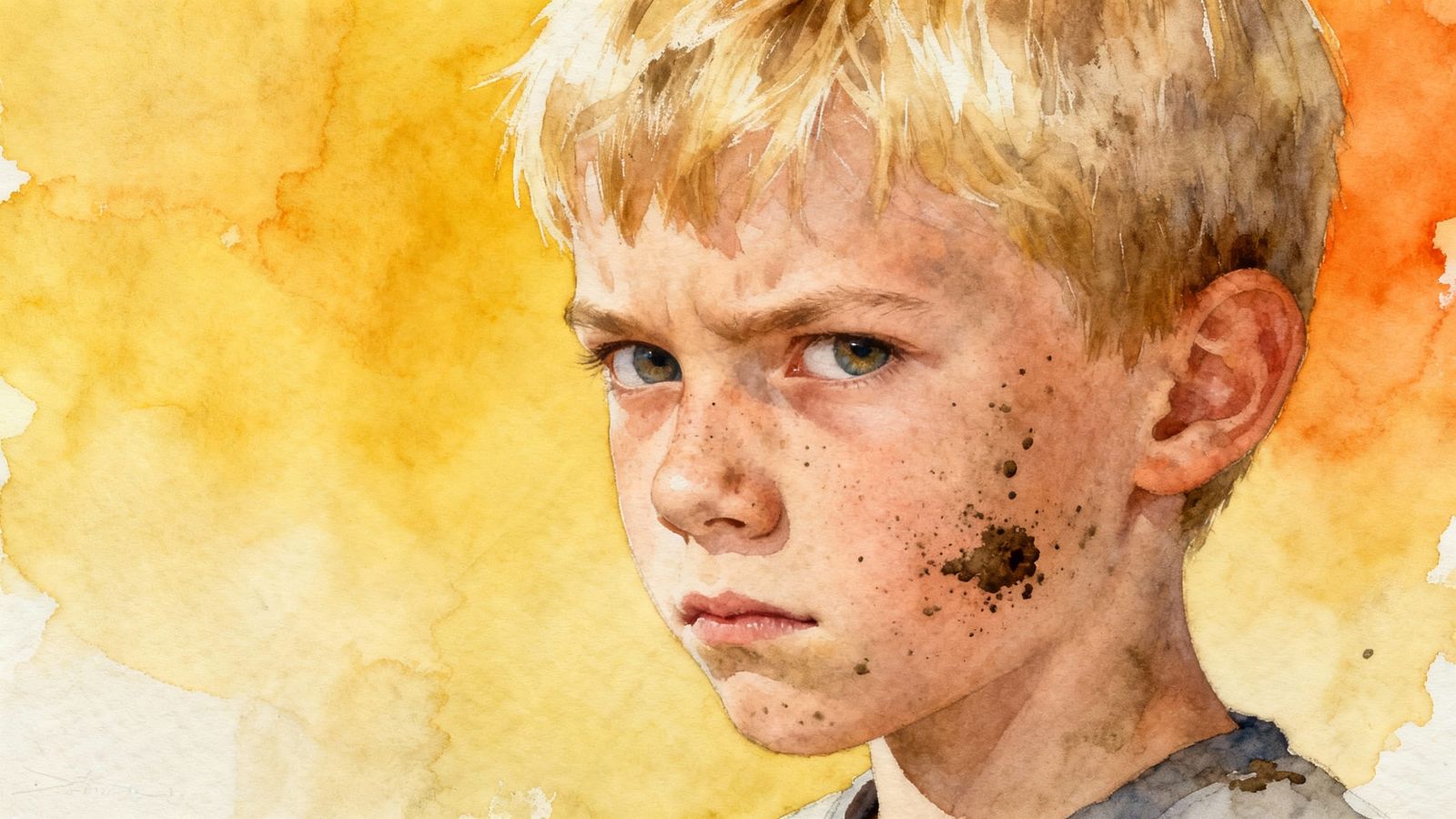 Blond Boy Stares Stubbornly With Muddy Cheeks