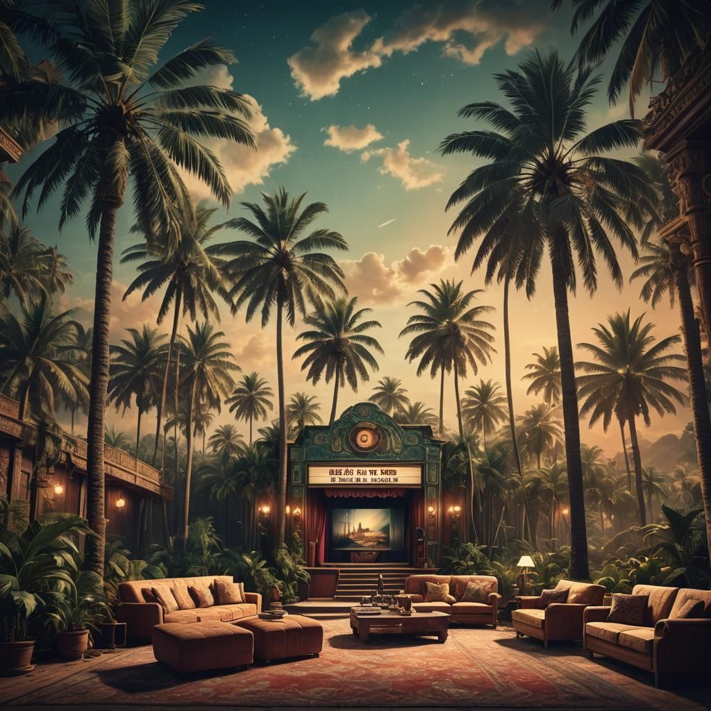 Vintage Cinema Room with Palm Trees: Digital Matte Painting