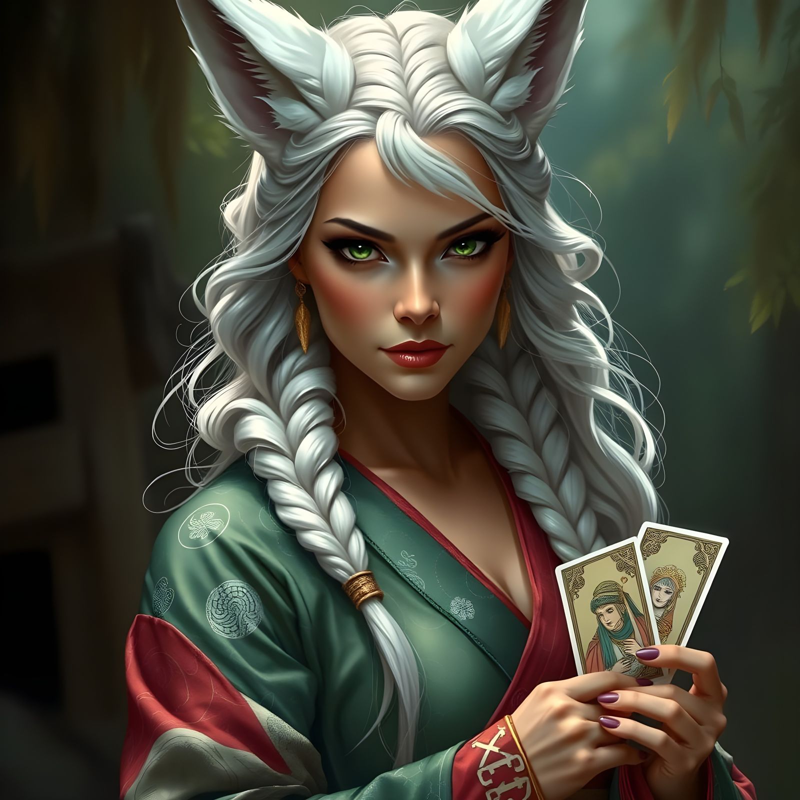 Hyperrealistic Kitsune Woman with Tarot Cards