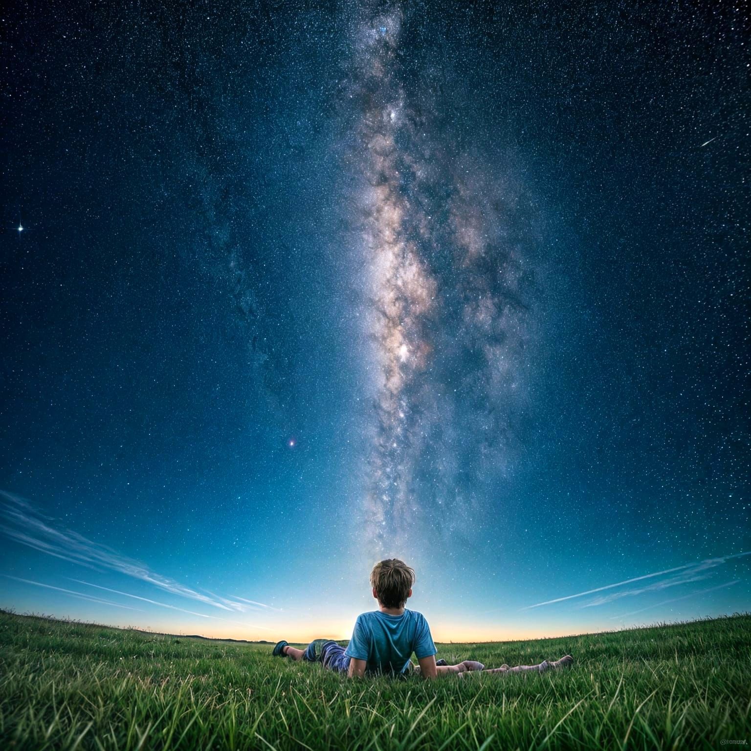 Boy Gazing at Cosmic Night Sky in Vibrant Colors