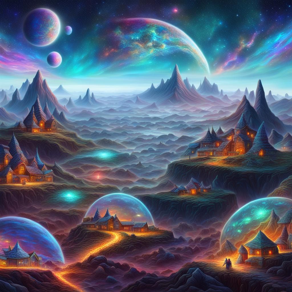 Alien Village on Distant World: Cosmic Illustration