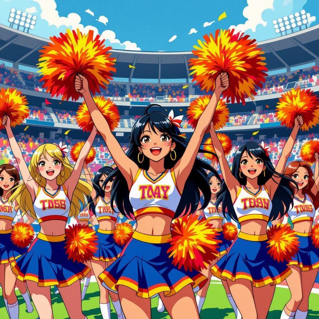 Cheerleaders with Flaming Pom Poms in Pop Surrealist Style