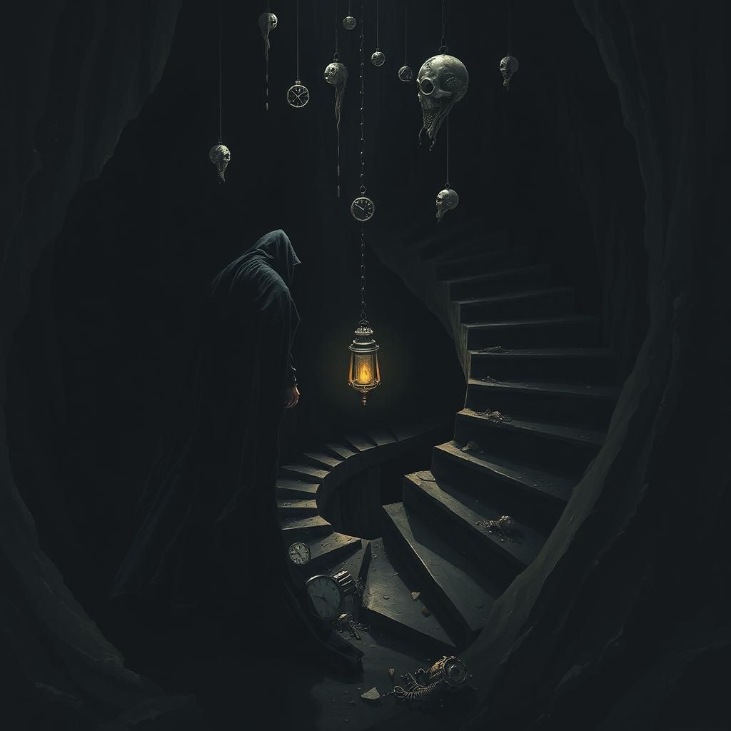 Dark Figure Descends Impossible Staircase into Void