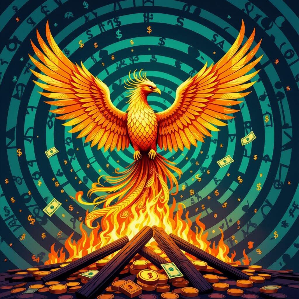 Phoenix of Gold Coins Rises from Burning Banknotes