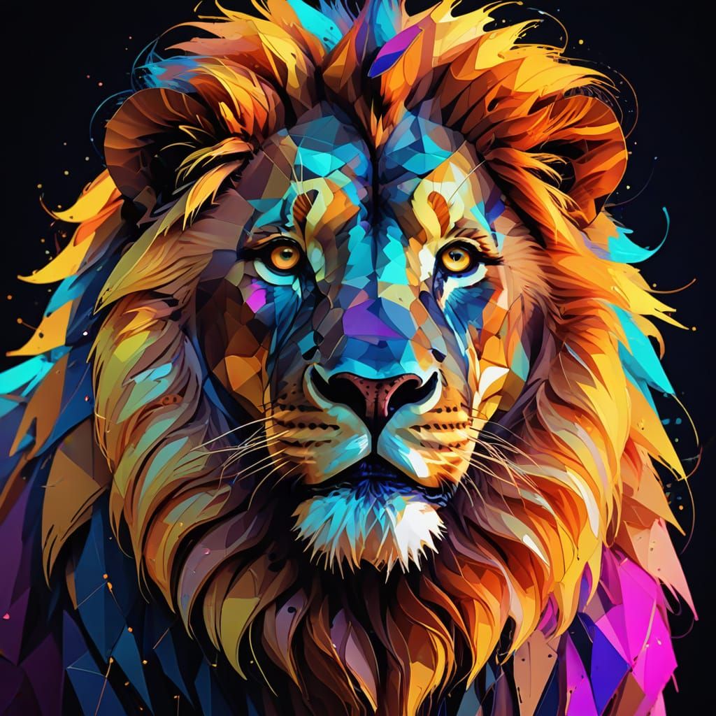 Geometric Lion Portrait in Retro Neon Style