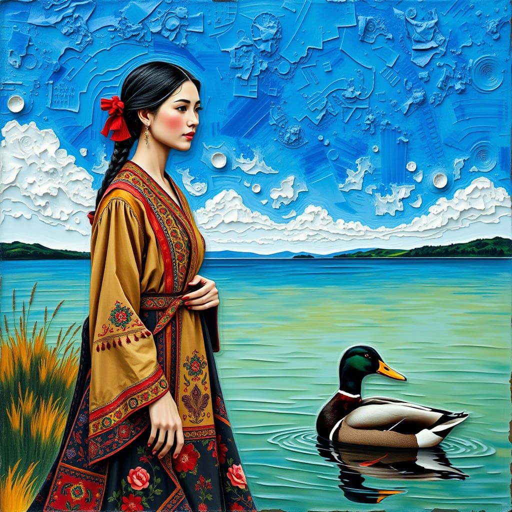 Folk Art-Inspired Portrait of a Serene Woman by a Tranquil L...