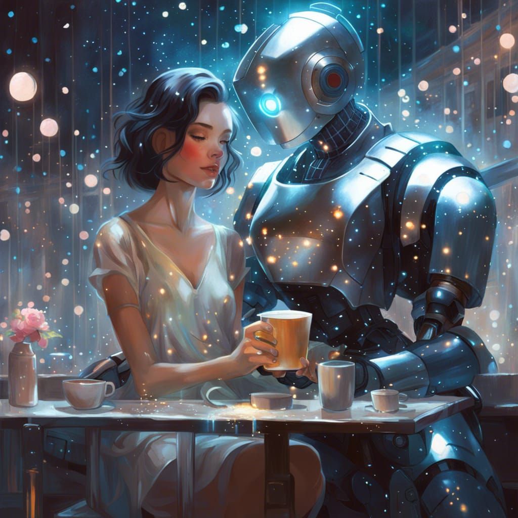 Robot and Woman's Coffee Date, Digital Painting