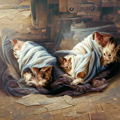 Kittens Snuggled in Blanket, Oil Painting