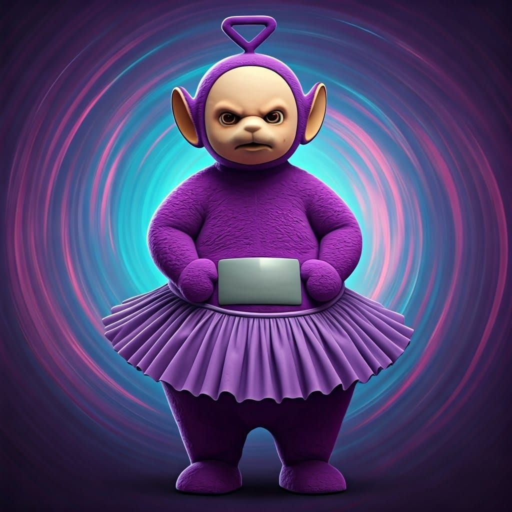Exaggerated Cartoon Teletubby Wears Bright Purple Tutu