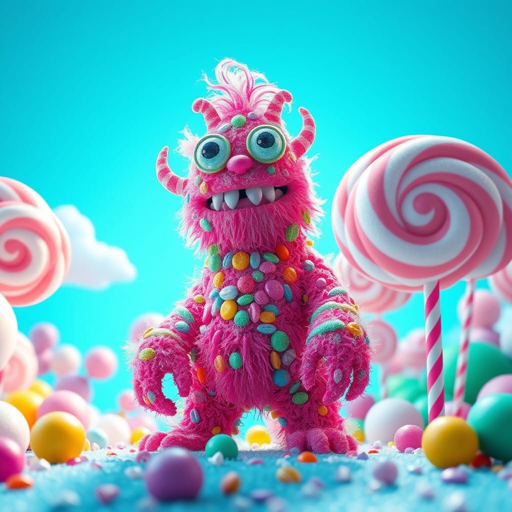 Vibrant Candyland Monster Puppet in Hyperrealistic Digital A...