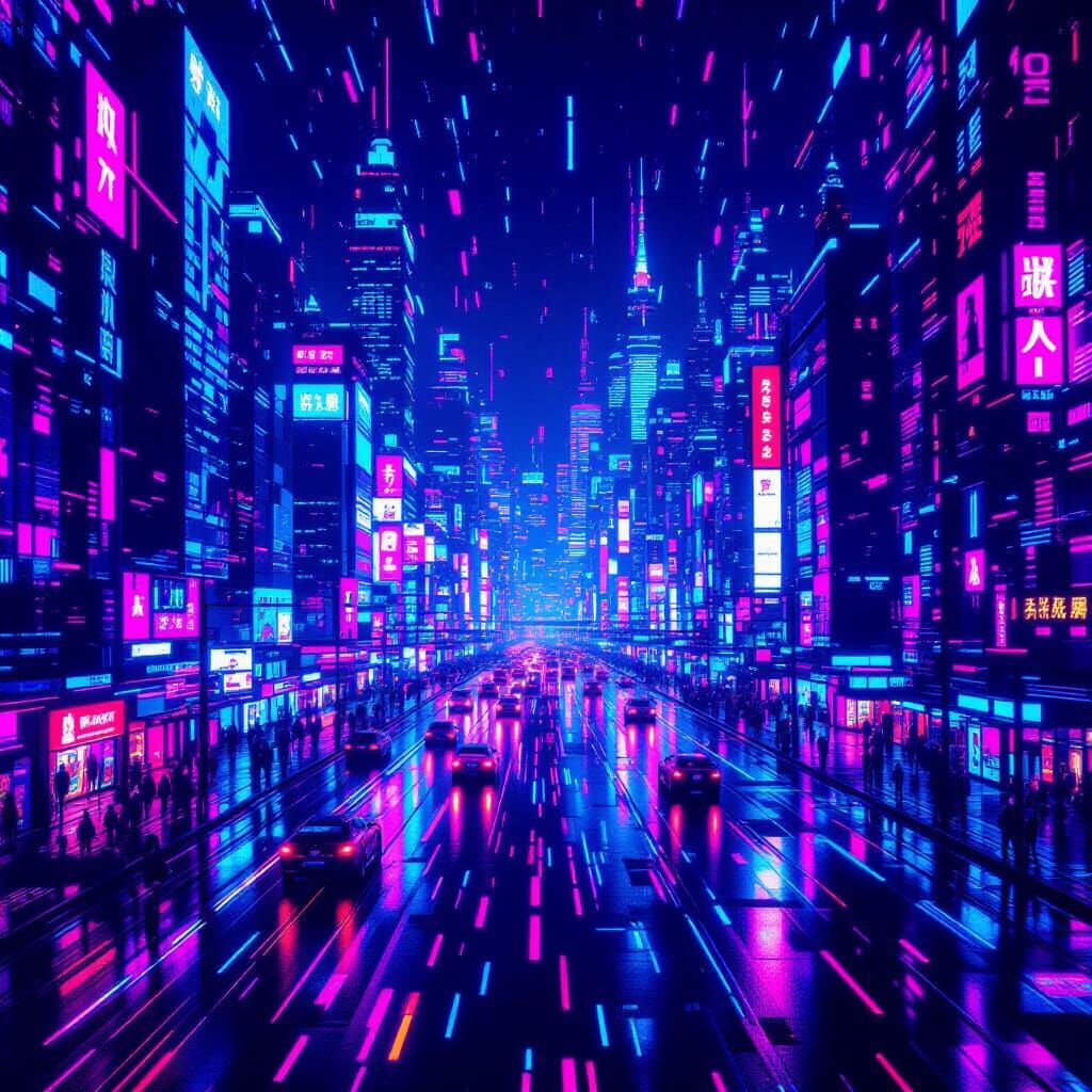 Vibrant Glitching Neon Cityscape at Midnight