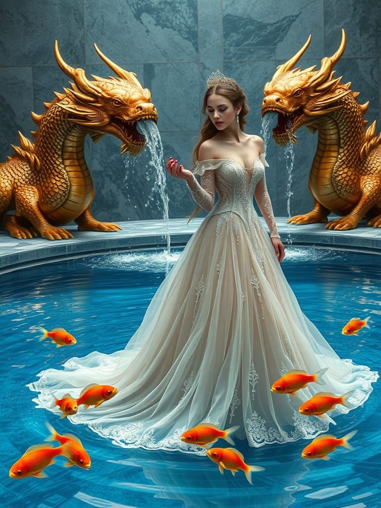 Ethereal Princess Amidst Majestic Marble Pool with Bronze Dr...