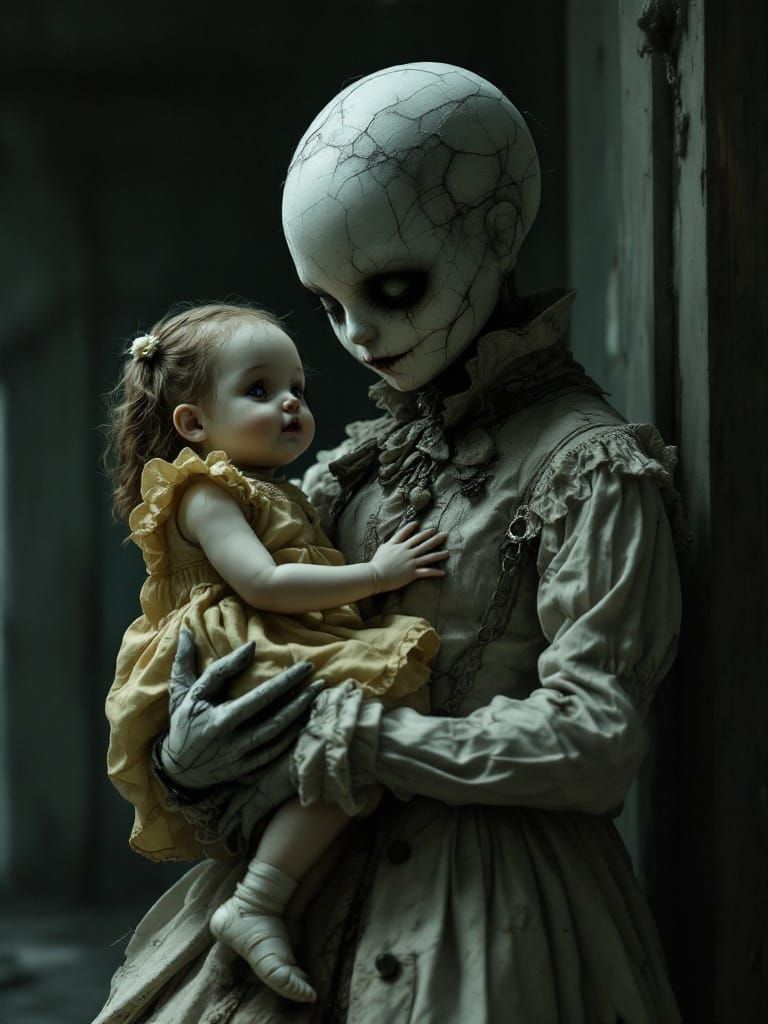 Eerie Doll Holding Girl: Digital Art