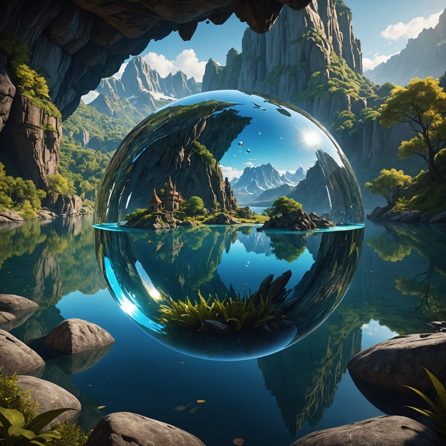 Crystal Cave with Reflective Lake in Fantasy Art