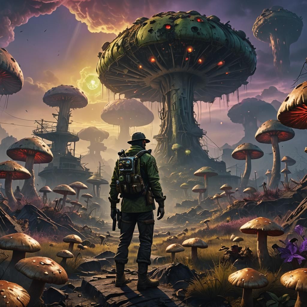 Fallout Cityscape: Survivor Amidst Glowing Mushrooms