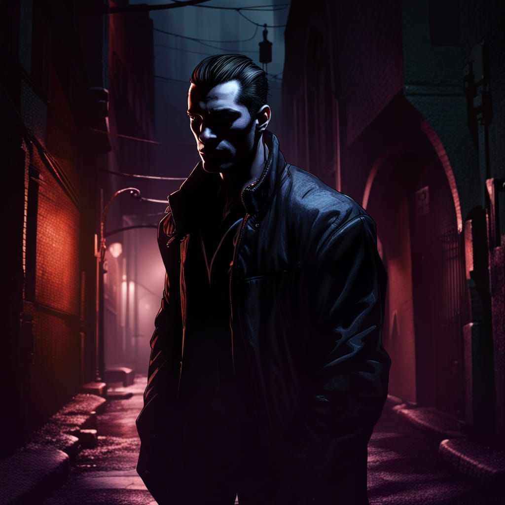 Brujah Vampire in Dark Alley: Hyperrealistic Illustration