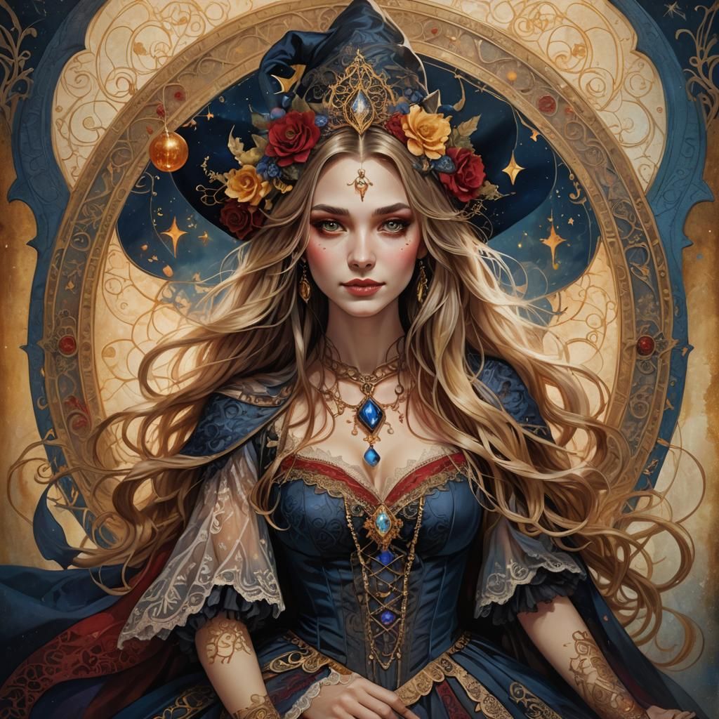 Whimsical Witch Portrait in Art Nouveau Style