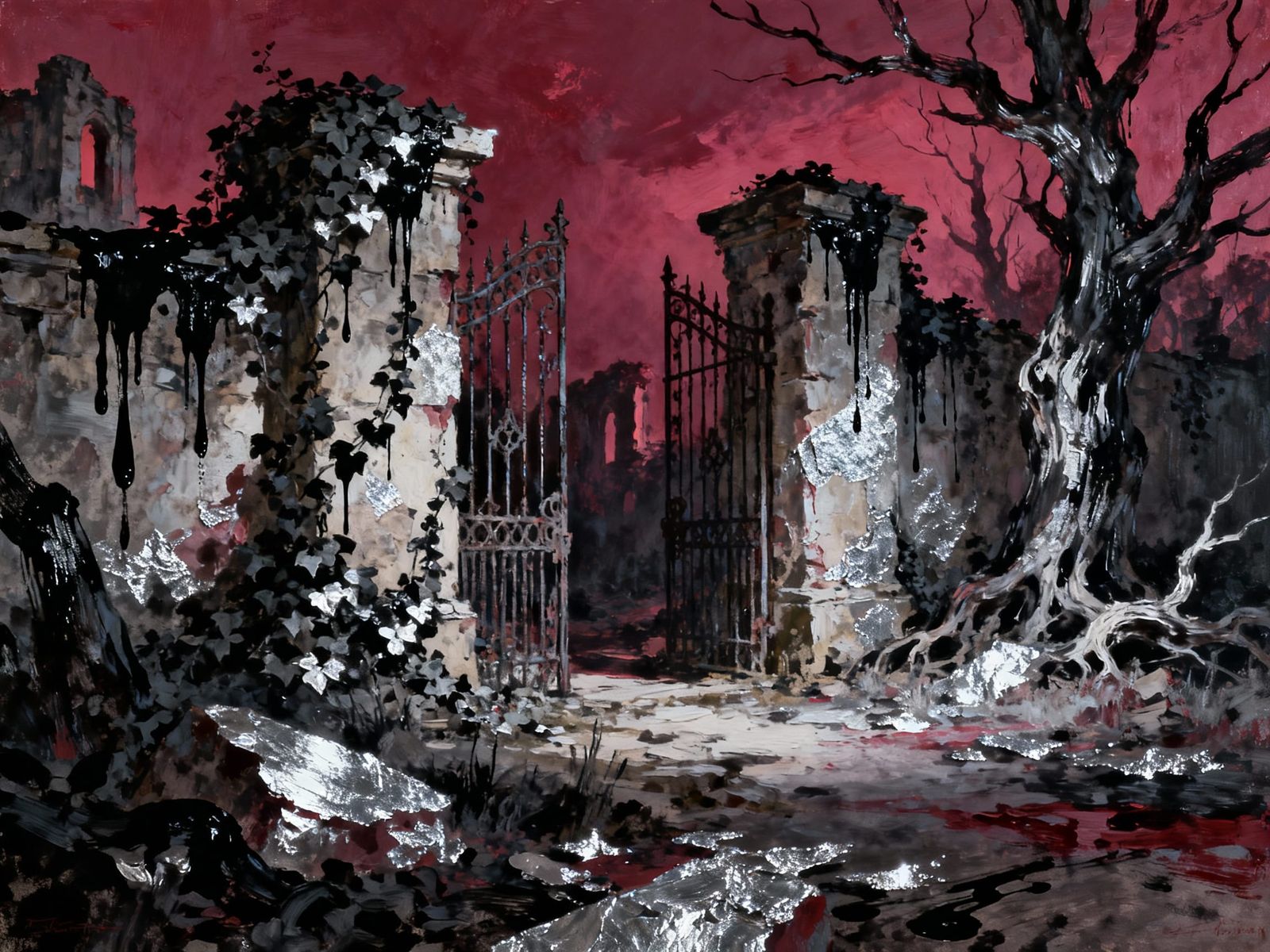 Gothic Landscape with Silver and Carmine Accents