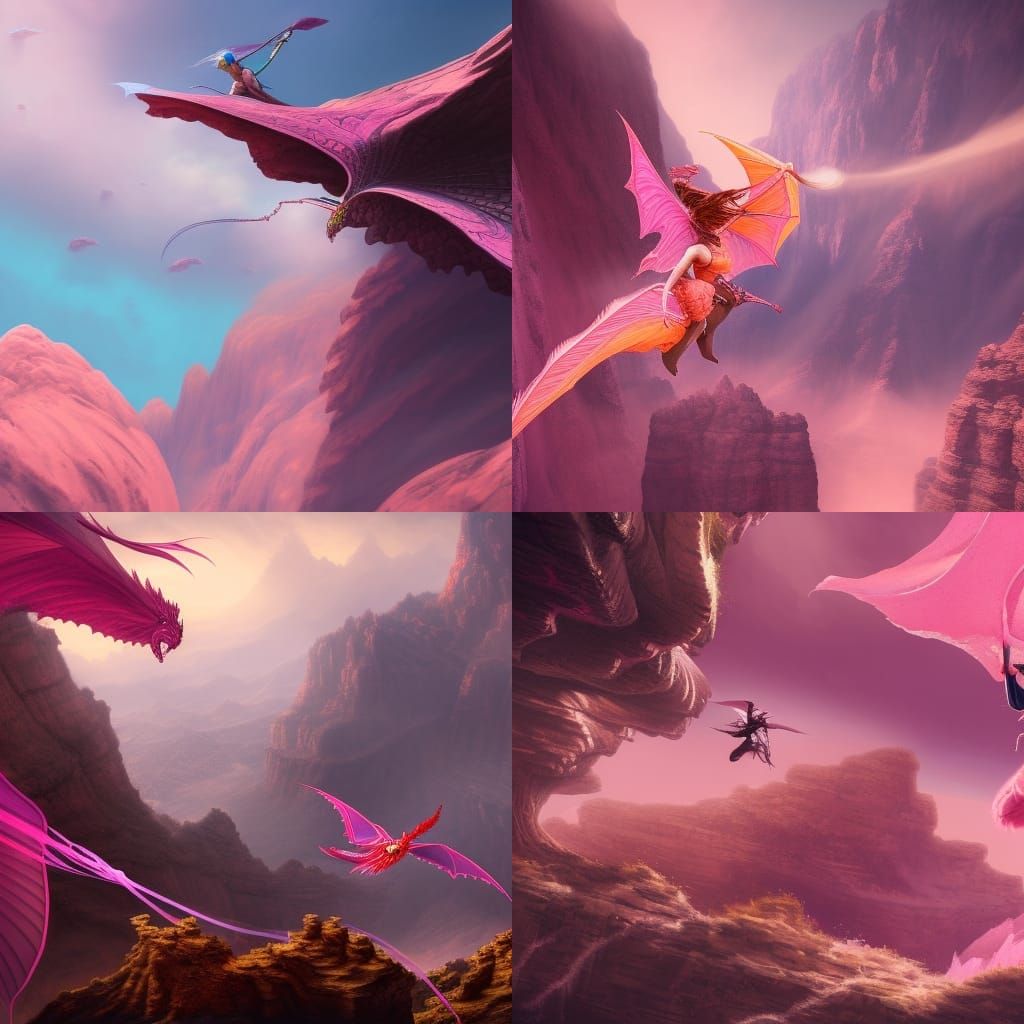 Woman Riding Pink Dragon Over Canyon