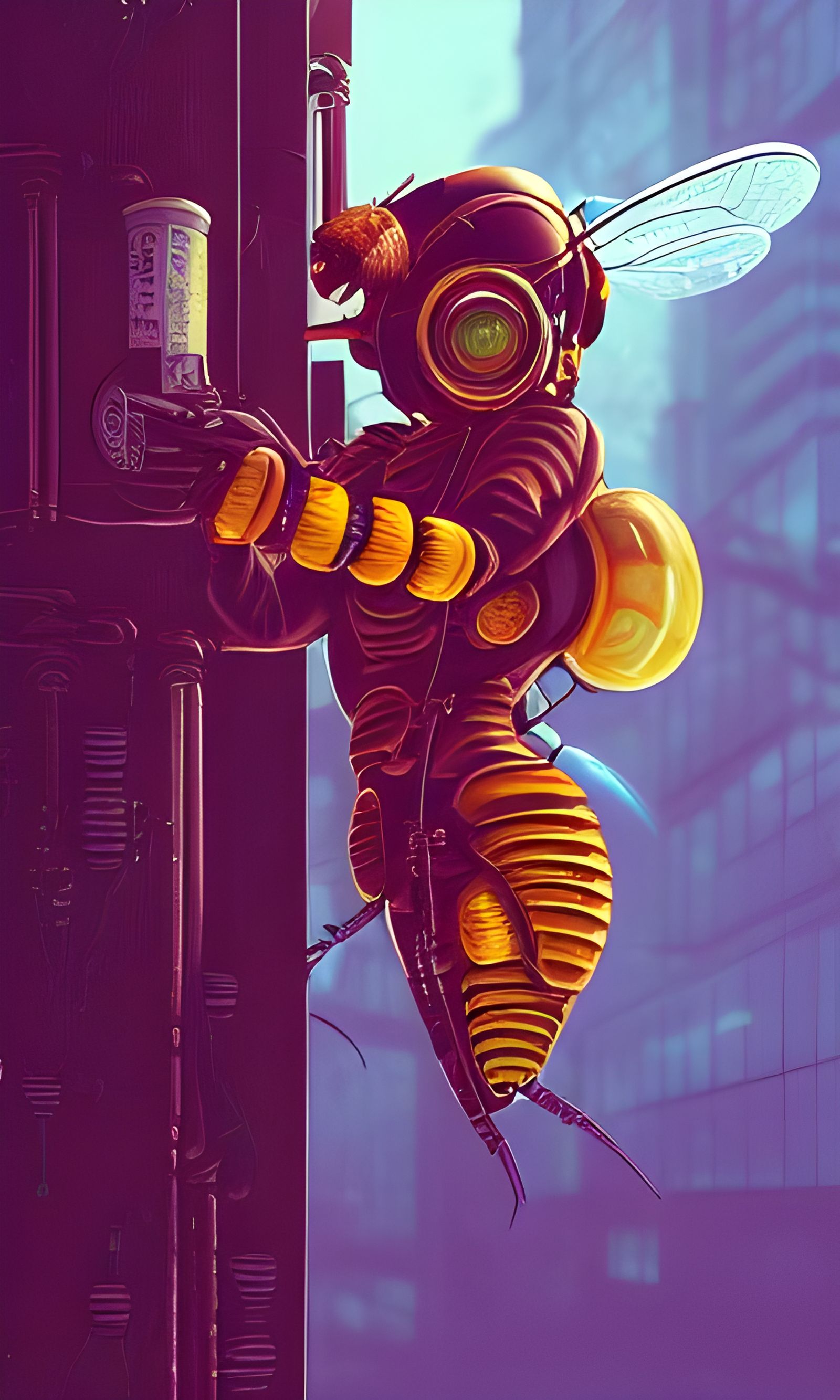 Cyberpunk Bee in Steampunk City, Digital Illustration