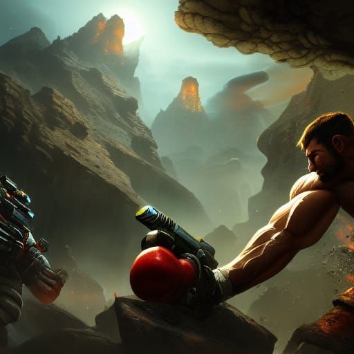 Chris Redfield Punches Boulder: Detailed Fantasy Art