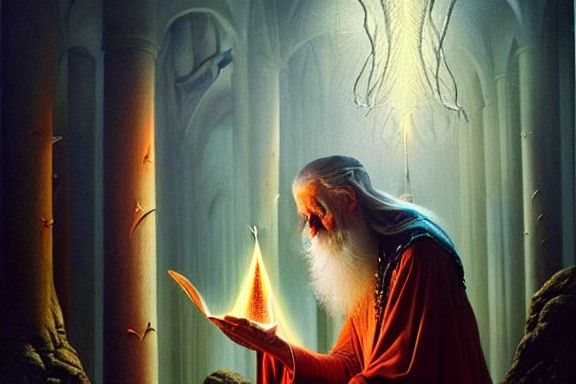 Hyperrealistic Painting of Wizard Merlin Casting a Spell