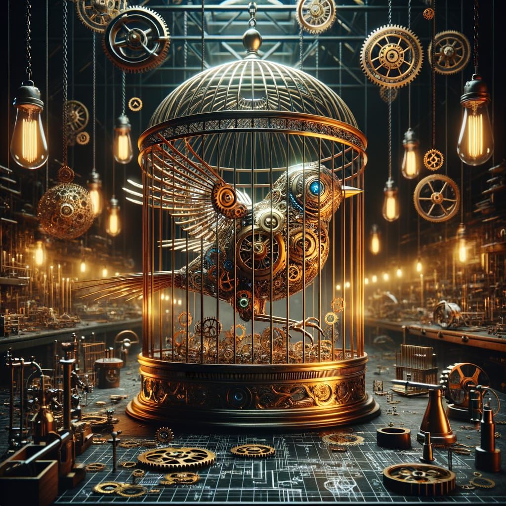 Clockwork Bird in Steampunk Cage