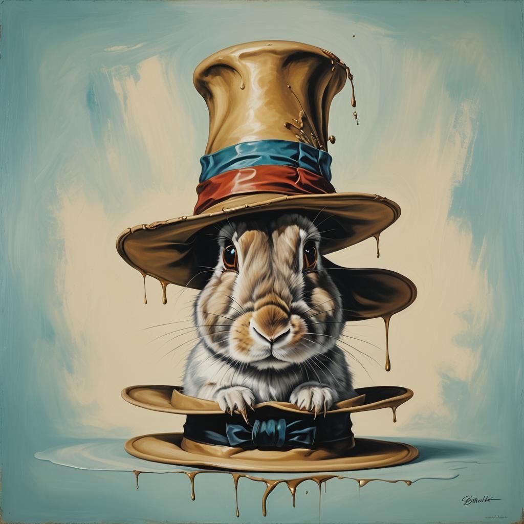 Surreal Rabbit Emerges from Hat in Dali Style