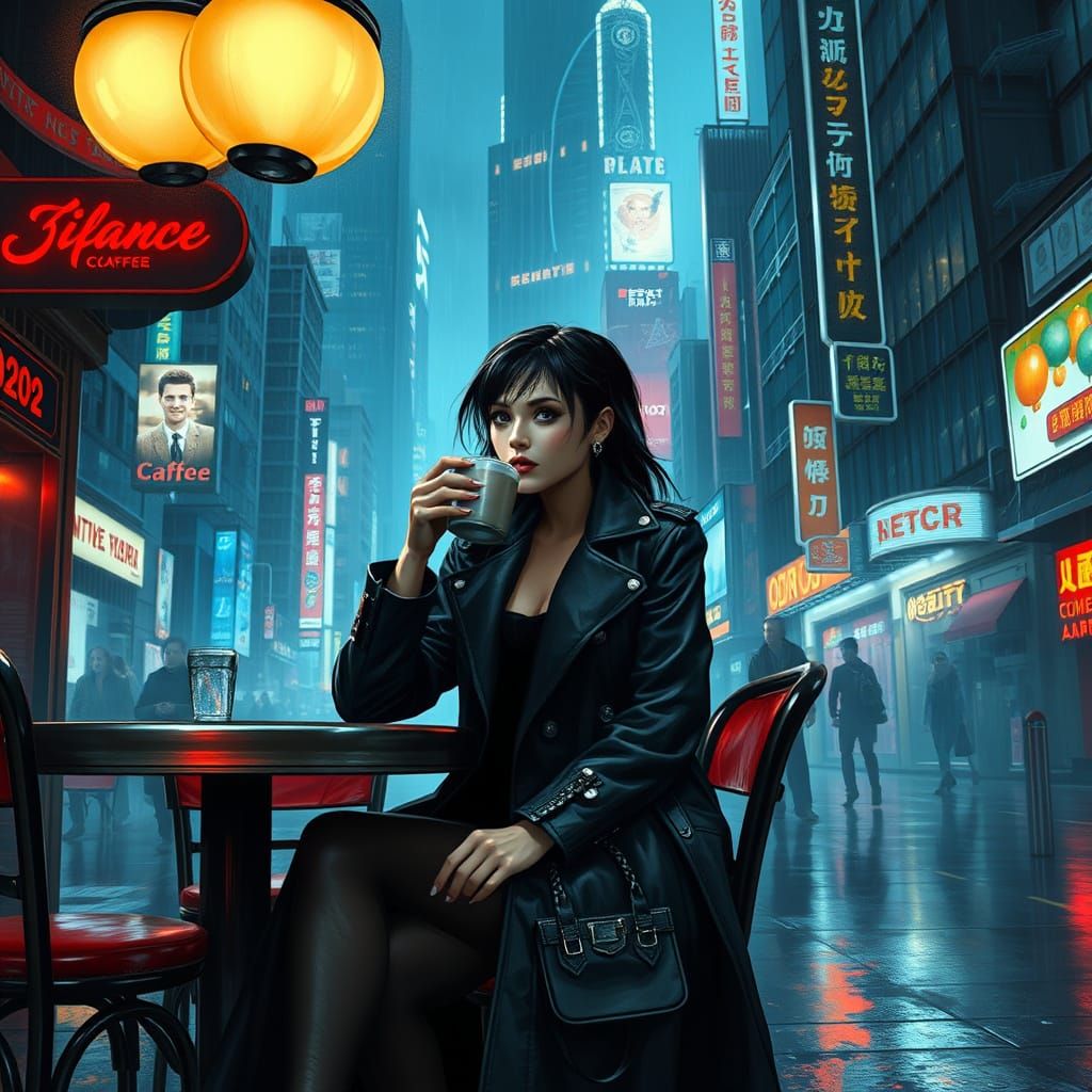 Cyberpunk women drinking coffee