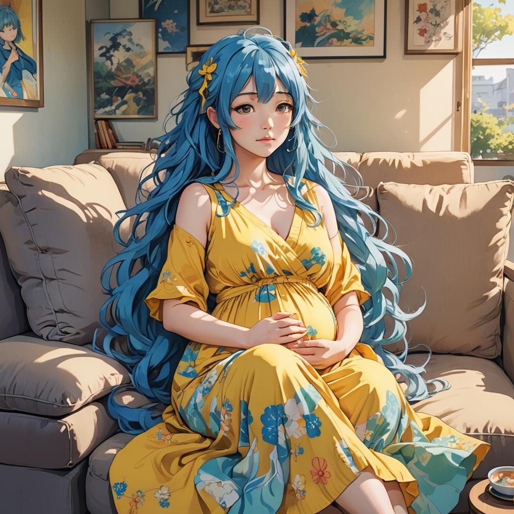 Anime Style: Pregnant Woman with Blue Hair