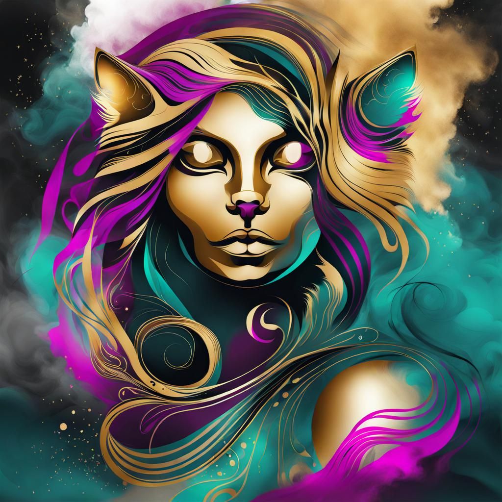 Abstract Cat Portrait in Digital Ink Art Style