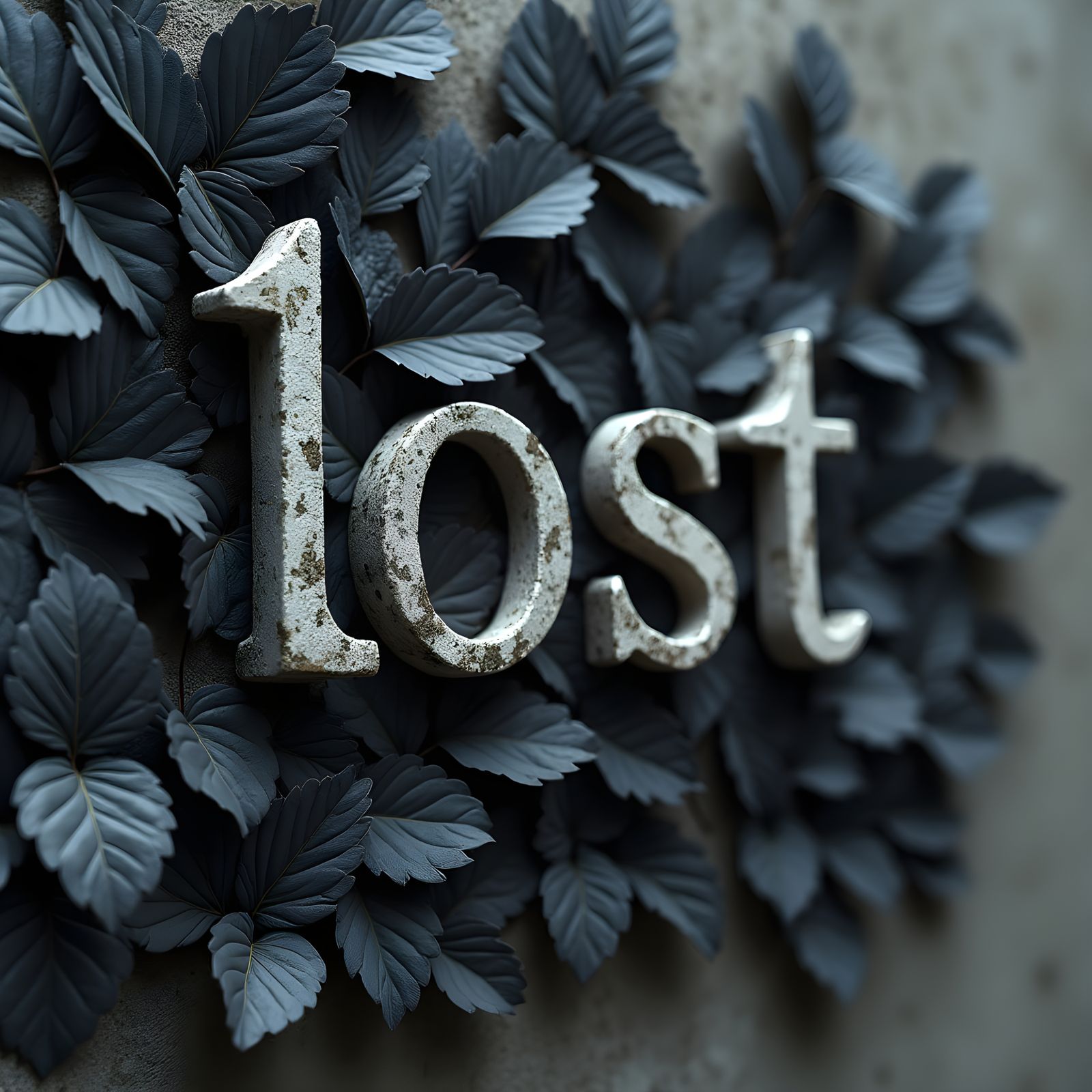 Hyperrealistic Leaves Engulf Concrete Word 'Lost'