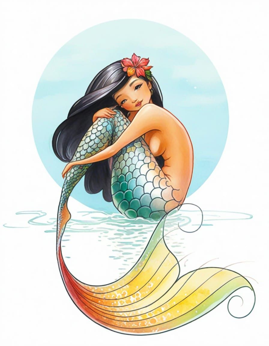 Mermaid on Beach at Sunset, Maximalist Watercolor Style