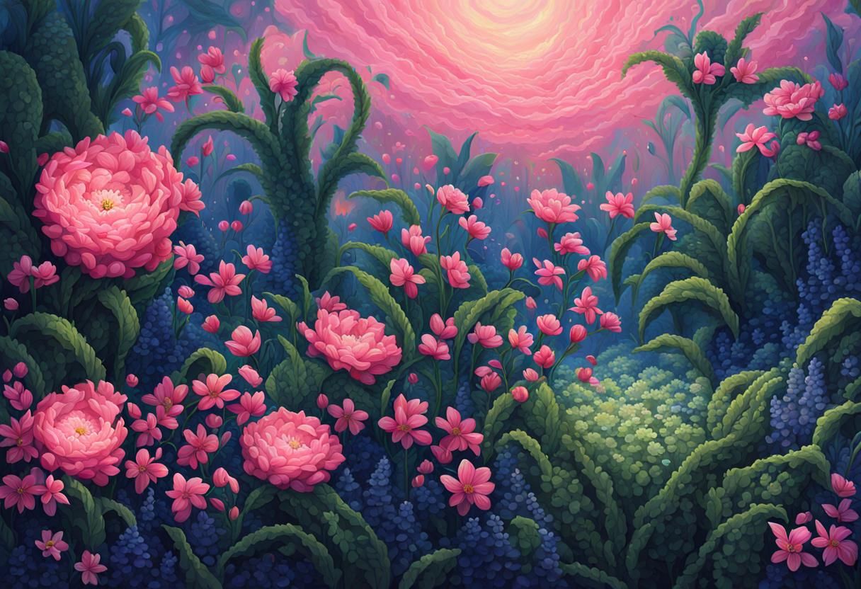 Pixel Art Garden with Pink Flowers