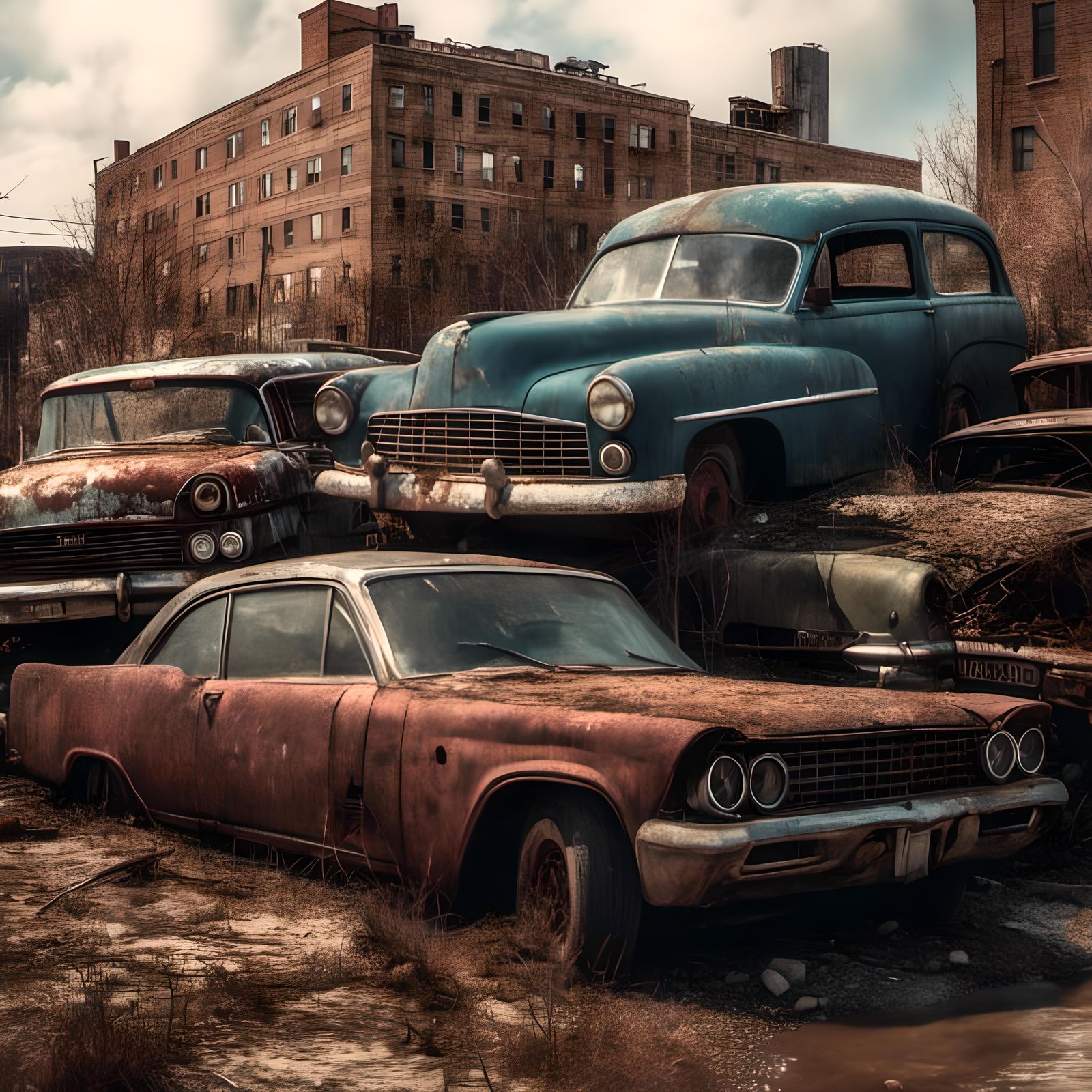 Abandoned Cars in Detailed Matte Painting