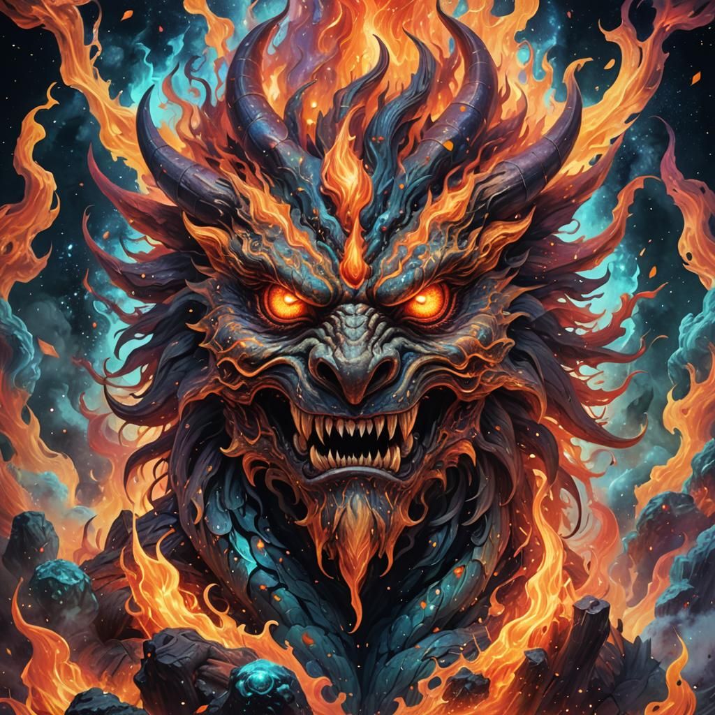 Fiery Cosmic Monster: Holographic Astral Illustration