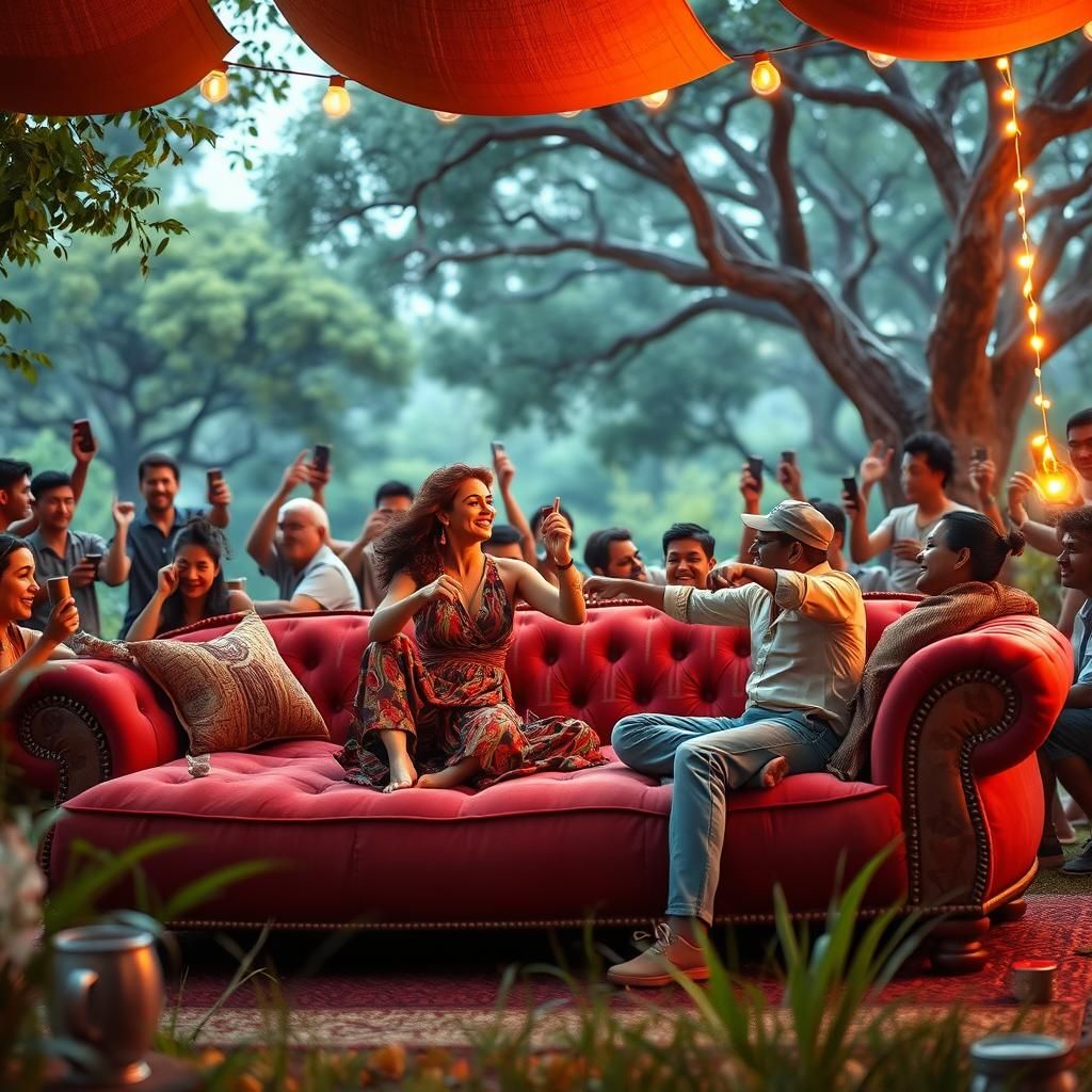 Joyful Dance on Ottoman Sofa: Hyper-Realistic Rendering